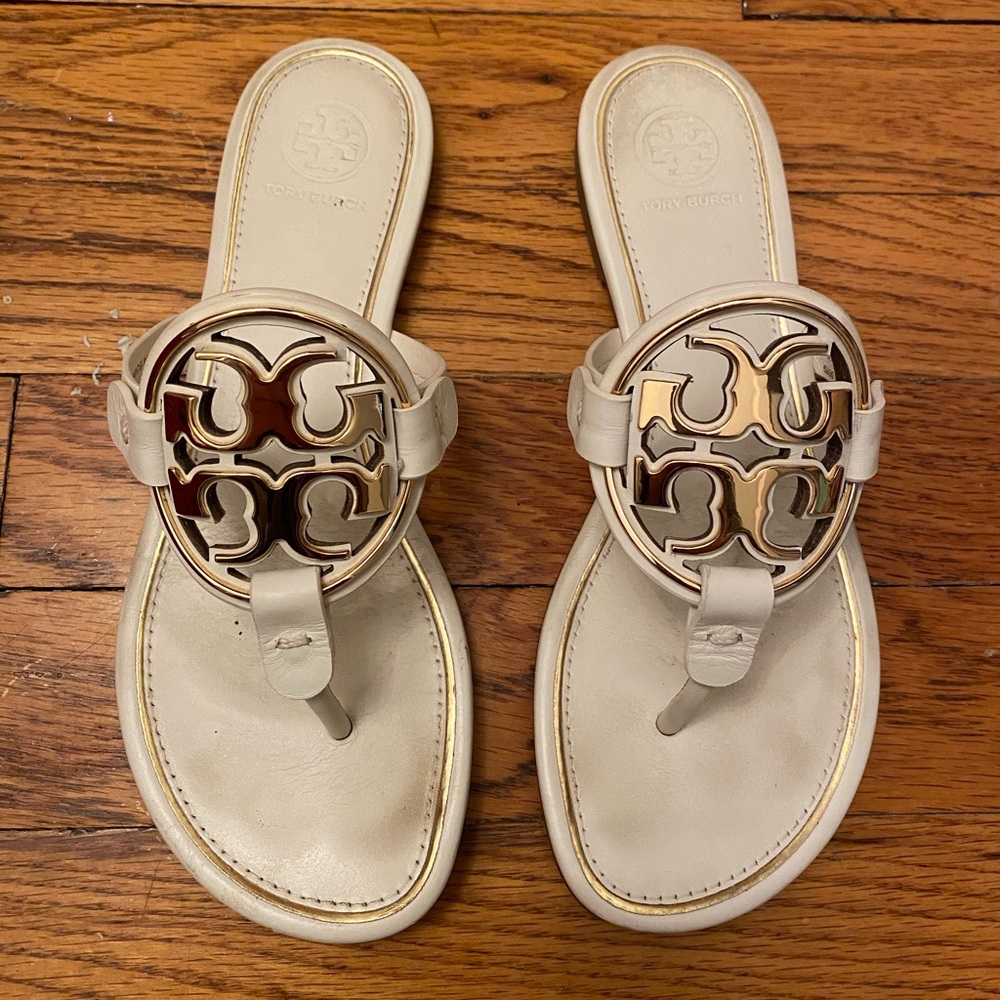 Tory Burch White & Gold Miller Sandals